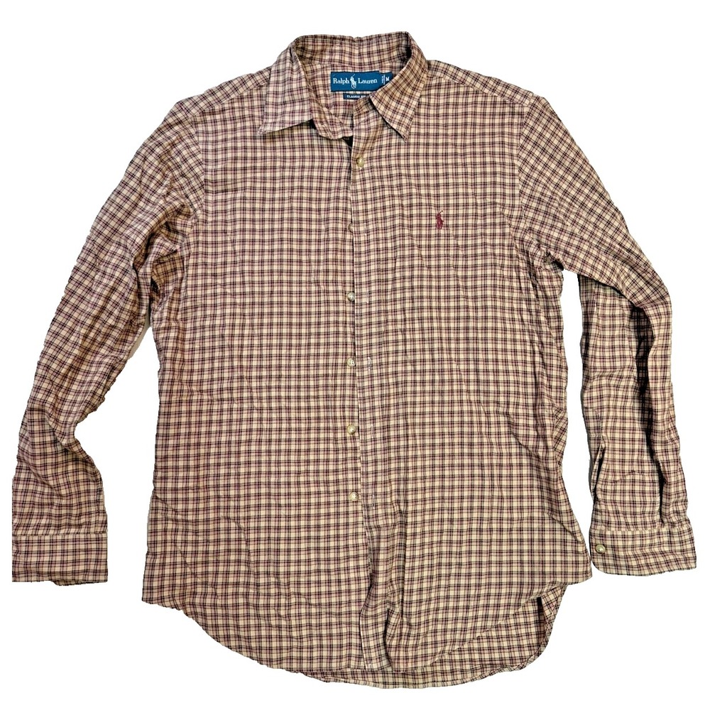 Vtg Polo Ralph Lauren Plaid Button Up Classic Neutral Preppy Poet Casual M